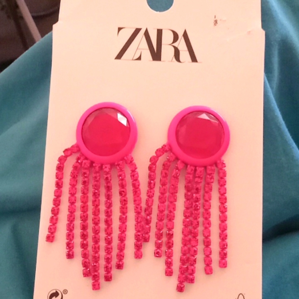 Zara Hot Pink Dangle Earrings.  Approx 3 in. Rhinestones. Festive.